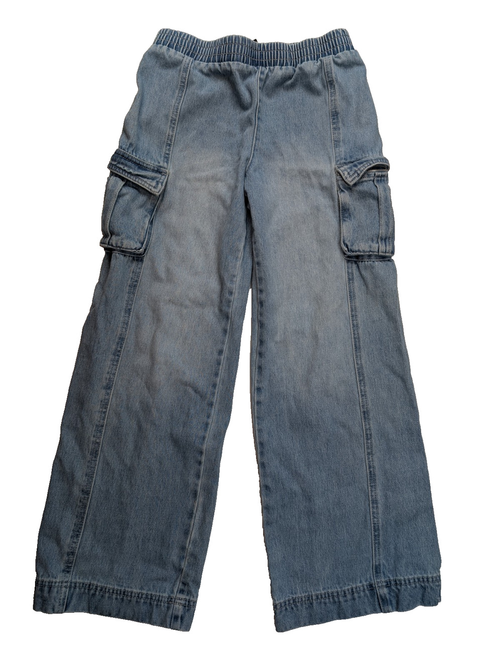 Forever 21 Kids Cargo Jeans Blue Size 11/12 Elastic Waist Pull On Zipper Pockets